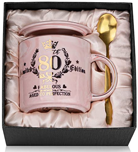 80th Birthday Gifts for Women, 14oz Gold Pattern Coffee Mug, Fabulous 80 Limited Edition, Microwave Dishwasher Safe, Unique Gift for Mum, Best Friend, Wife, Sister, Coworker, Beautifully Gift Boxed
