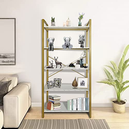 AT-VALY Modern Bookshelf,5-Tier Bookcase MDF Shelving Unit and Metal Frame ,Etagere Bookcase for Home Office,Living Room (Gold)