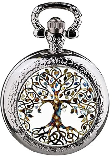 Tiong Montre de poche rétro à quartz motif arbre de vie cabochon en verre pour homme et femme avec collier pendentif, argenté/blanc, Rétro