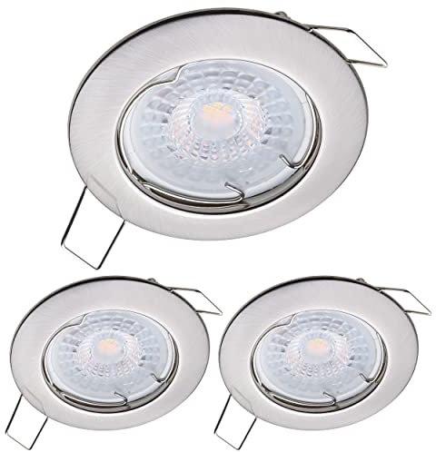 Oktaplex 3er Set LED Spots - 3 Stufen dimmbar - 4,8W 2700K 230V 380lm Warmweiß 110° - Deckenspot Edelstahl gebürstet Lochmaß 60mm Deckenstrahler Sedan