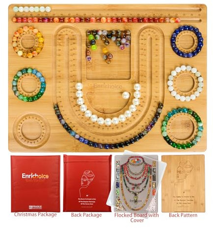 Enrichoice multifunctional bead boards set for design jewelry making with cover,beautiful inscription on the back,bracelet measurement bamboo beadboard, PVC necklace neading trays sizer measuring mats