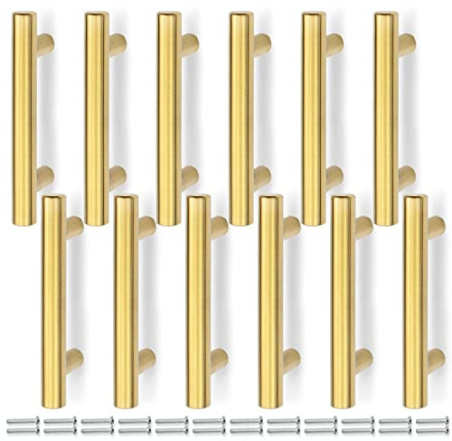 Bwintech 12 Pcs 100MM (64MM Hole Center) Gold Cabinet Pull Handles Kitchen T Bar Handles, Stainless Steel, Ideal for Cabinet, Drawer, Cupboard