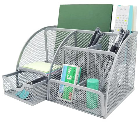 PYJLBX Schreibtisch Organizer, Metall Mesh Stiftehalter Schreibtisch Büro Organizer Bürobedarf, Stiftebox Desk Organizer Stifthalter Tisch Organizer mit Schubladen, für Büro Schule Zuhause (Silber)