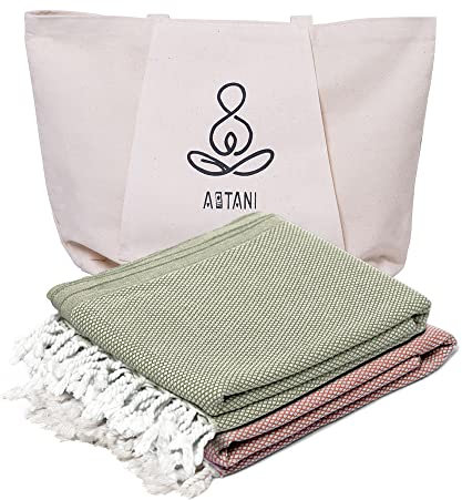 ATANI Türkisches Strandtuch, 2 Stück (175 x 89 cm), übergroß, 100 % Baumwolle, leicht, schnell trocknend, Stranddecke für Reisen, Picknick, Camping, Yoga und Pool (Grün + Orange)