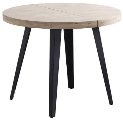 Home Heavenly® - Mesa Comedor Redonda Extensible Estilo Industrial SKADI. Mesa de 100 cm diámetro. 2 tramos extensión a 140 hasta 180 cm. (Roble Nordish - Negro)
