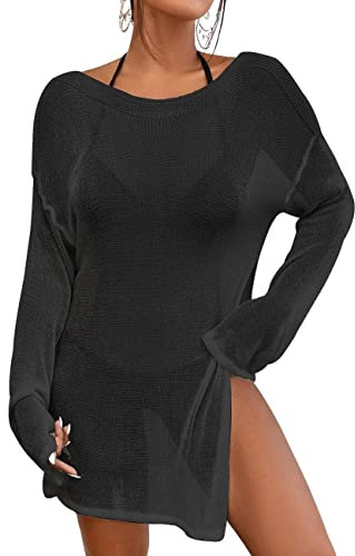 Bsubseach Robe de plage pour femme Haut en crochet à manches longues Couverture Maillot de bain Noir