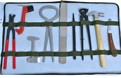 Pferde Hufschlag-Garnitur, 9 teiliges Hufschmied Set, Hufzange- besetzt mit Raspel + 3X Hufzange + Hufkratzer+ Hufmesser + Unterhauer