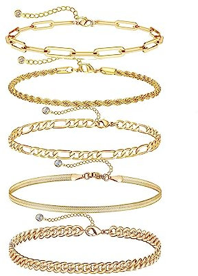 WOOXDYUK 5 Stück Armband-Set Vergoldeter Titan Stahl, Büroklammer-Stil, Perfekt zum Schichten oder zum Alleinigen Tragen, Hypoallergen und als Geschenk