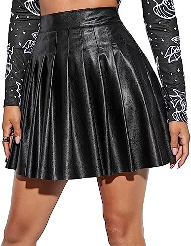 Damen Sexy Wetlook PU Leder High Waist Mini Faltenrock Damen Metallischer Faltenrock Mini Skater Rock XL