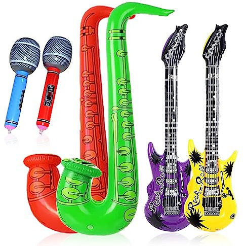 VIKSAUN 6 Stück Aufblasbare Party Props Aufblasbares Gitarre Aufblasbares Mikrofone Ornament Karaoke Musikinstrumente Zubehör Themenparty Festival Rollenspiel Cosplay(6 Stück)
