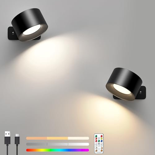 Lampara Pared RGB Color 2 Piezas- Aplique Pared Interior Dormitorio Táctil con Controlador, Función de Memoria y Temporizador, Lampara Pared Sin Cable 3 Temperatura Color 3 Brillo