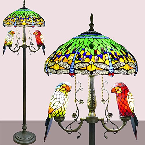 AIBOTY Papageien-Stehlampe, Libellen-Stehleuchte, Vintage-Papagei-Dragonfly-Design-Tiffany-Lampe Viktorianische Glasmalerei Lampenschirm Stehleselicht,Nachtlicht Für Mädchenzimmer W18 XH65,Grün