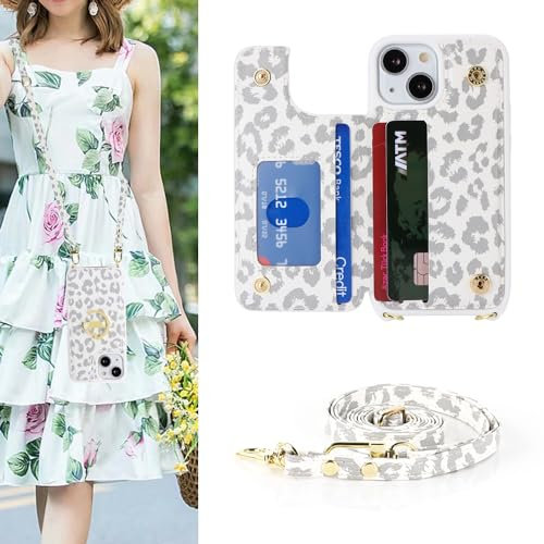 SailorTech iPhone 13 Mini Case with Credit Card Holder, White Leopard PU Leather Wallet Case with Ring Stand and Strap for iPhone 13 Mini