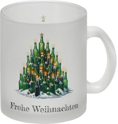 Weihnachtsbaum aus Bierflaschen Glas Tasse und Spruch Frohe Weihnachten Weihnachtstasse als Festliches Deko-Unikat mit Lichtern, Kerzen und Kugeln, Tasse ideal für Weihnachten