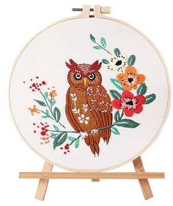 Creperture Stickset für Anfänger, Motiv Eule Blumenmuster Kreuzstich Übungsset mit Reifen, Nadelspitze, Fäden, Anfänger, DIY Stoff geprägt Kreuzstich Set Geschenk für Kunstliebhaber, Freunde