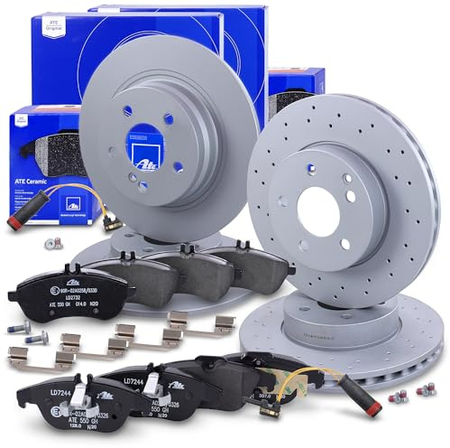 ATE Bremsenset inkl. Bremsscheiben vorne Ø 295 mm belüftet gelocht + hinten Ø 300 mm voll und Ceramic Bremsbeläge vorne + hinten und Verschleißkontakt Kompatibel mit MERCEDES C-Klasse (W204)