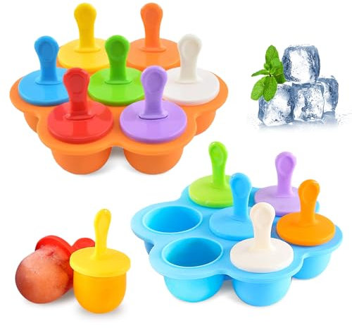 Riisoyu Moule à Glace, 2 PCS Mini Moule à Glace en Silicone Sans BPA Popsicle Moules DIY Réutilisable en 14 Tige en Plastique Colorés pour Popsicles Crèmes Glacées Sorbets Nourriture pour Bébé