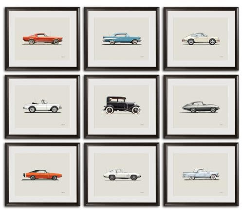 Elegend Auto-Poster – 9 Stück Vintage-Auto-Poster für Jungenzimmer, Auto-Wanddekoration für Schlafzimmer, Muskel-Auto-Wandkunst für Männer, Rennauto-Raumdekoration für Teenager, Jungen, Schlafzimmer,