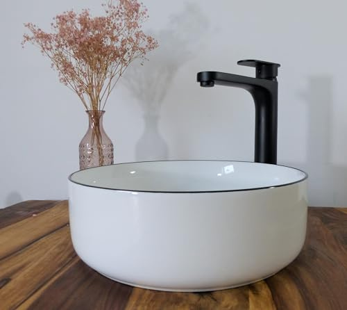 Design Keramik Aufsatz Waschbecken rund 36cm schwarz weiß Aufsatzwaschbecken Waschschale Bad WC Waschtisch elegant