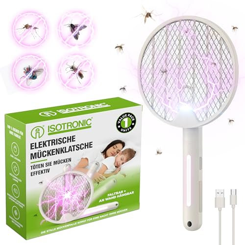 ISOTRONIC Elektrische Fliegenklatsche extra Starke 2 in 1 Mückenklatsche Plus UV Lichtfalle | USB wiederaufladbar | faltbar für Wandmontage | schwenkbar ideal für Reisen Moskito (3 Stück)