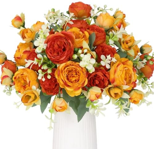 Floweroyal 4 mazzi di peonie artificiali, fiori arancioni gialli, peonie in seta, bouquet per matrimoni, feste, centrotavola, composizioni floreali, decorazione per la casa e la cucina.