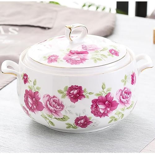 XINGJIAJI Soupière en céramique avec couvercle Grande capacité Soupière ronde, marmite for servir la salade Pâtes Nouilles Ragoût, Micro-ondes et lave-vaisselle, Porcelaine blanche(B,3000ml)