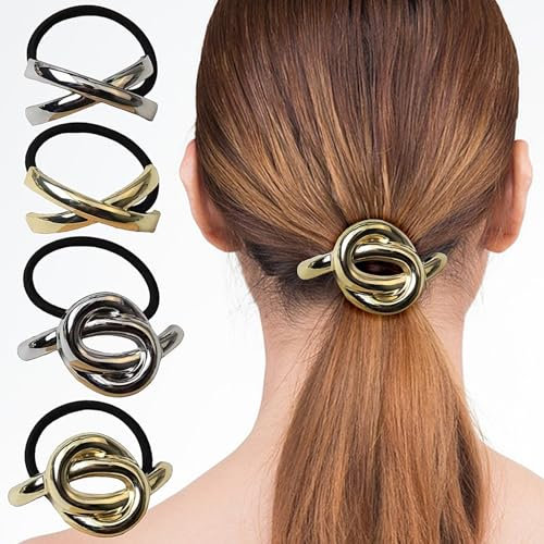 4 Pcs Metal Geometric Hair Tie Elastic Ponytail Holder Hair Cuff Metal Cuff Wrap for Thin Thick Hair Fashion Hair Rope Stretch Hair Band Scrunchies Cute Hair Accessories for Women Girls