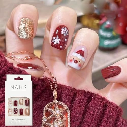 Christmas Press on Nails With Glue - Red, Gold Glitter Snowflake Snowman, French Stick on Nail Art Decoration Accessories for Women (24PCS)