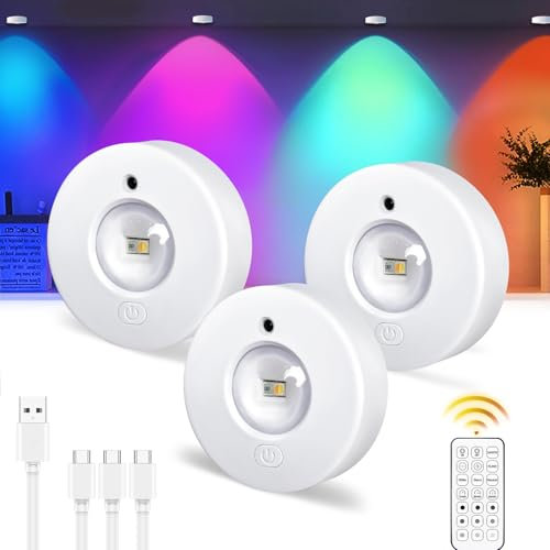 Epochglo Vitrinenbeleuchtung LED Kabellos mit Fernbedienung, RGB Farbwechsel Schrankbeleuchtung Akku Dimmbar LED Spot Batterie Unterbauleuchte Küche USB Aufladbar mit Timer Magnetisch Rund, 3 Pack