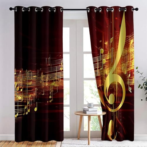 Vorhänge H214 x B91.5 cm (2er Pack) für Wohnzimmer Schlafzimmer Dekor Abstrakte Luxus-Musiknote Drucken Blickdichte Gardinen Verdunkelungsvorhang Lichtdurchlässige Vorhang mit Ösen Gold
