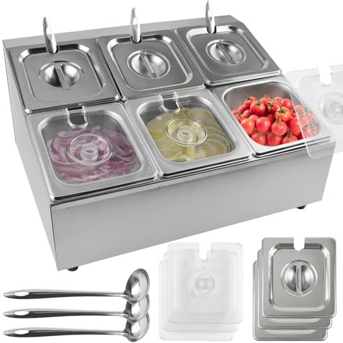 Kalolary 6 Pans Pizza Topping Station, 2 Row Stainless Steel Pizza Topping Containers with Custom Spoons Countertop Inclined Holder Buffet Containers Set for Sauce Jam Ingredient Kitchen Restaurant