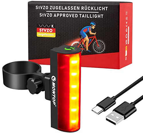 MONTOP StVZO Zugelassen Fahrrad Rücklicht, Fahrradlicht Hinten 2 Modi, Wasserdicht USB Aufladbar LED Fahrradbeleuchtung 800mAh Akku Bike Light,Grad Weitwinkelsicht Retro Fahrradlampe mit 2 Halterung