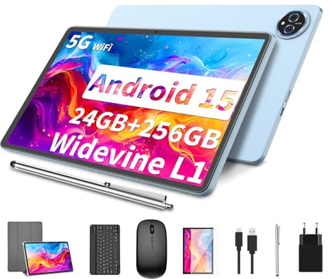 YLEEBG Android 15 Tablet 11 Zoll 2-in-1 mit Tastatur 24GB RAM + 256GB ROM (1TB erweiterbar) Octa-Core, 8000mAh, Dual-Band WiFi 13MP+5MP Dual-Kamera Inkl. Tastaturhülle, Maus & Stift (Silber)