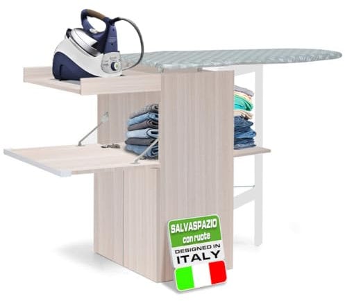 Shally Dogan Mobile Asse da Stiro a Scomparsa Salvaspazio Richiudibile, Mobiletto Pieghevole Telaio in Legno per Stiratura Veloce, 4 Ruote per Spostamento, Ideale Lavanderia, Bagno (Olmo)