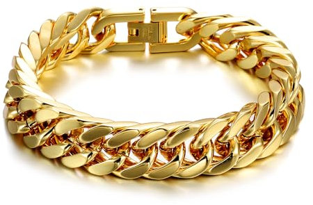 RWQIAN Armband Herren 14K Gold Vergoldet Edelstahl Panzerkette Armbänder 12mm Männer Kubanische Armband 20cm Gliederarmband Geschenke für Papa Sohn Bruder Ehemann