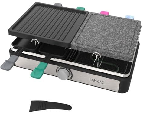 BURI Skive Raclette Grill with Natural Stone Top, Table Grill for 8 People, 1400 W, with Pans, Party Grill for the Garden, Fondue, Electric Grill