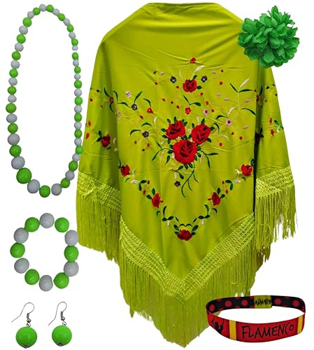 MANTONDEMANILA.COM Manila Schal mit Zubehör, Grün, rote Rosen, 42