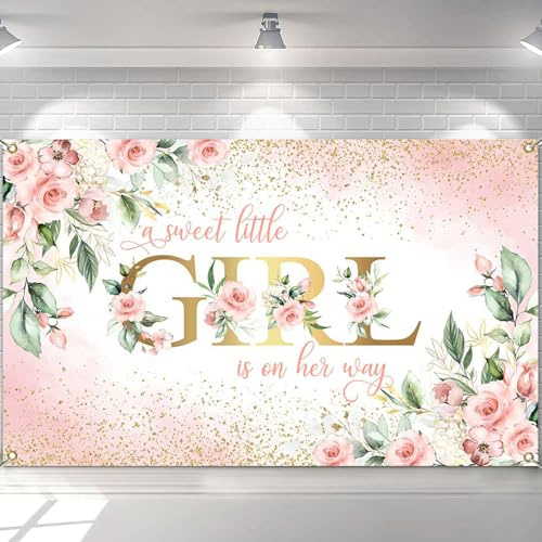 Avezano Hintergrund für Babypartys mit Aufschrift A Sweet Little Girl is on Her Way, Banner, Dekorationen, Rosa, Blumenmuster, Mädchen, Babyparty, Hintergrundbanner, Partyzubehör, 180 x 100 cm