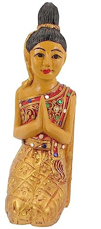 MAGICLULU Kniender Buddha Statue Aus Holz Thailand Buddha Ornament Schreibtisch Willkommens Figur Garten Zuhause