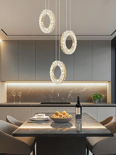 Stesulfr Lustre en cristal LED moderne luminaires décoratifs d'intérieur lampe suspendue pour îlot de cuisine lumières rondes dorées salle à manger hall d'entrée couloir suspension avec télécommande(G