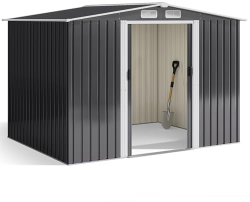 Xbro Abri de jardin en métal 247 x 193 x 179 cm, avec toit en pente et porte coulissante, abri à outils avec serrure et gants (gris)