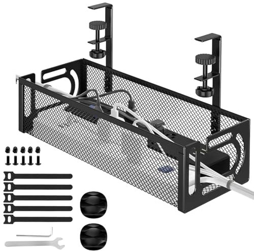 Black Under Desk Cable Management Tray with Clamp Mount, Metal Wire Organiser No Drill, Side Opening Design Cord Organizer Basket, Office Table Accessories for Home, Internet Cafe, Kitchen, Bookshelf