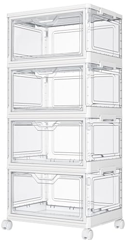 Kmiectse Clear Storage Bins with Lids - 4 Tier Plastic Bins with Wheels, Stackable Storage Bin, Closet Organizers Box for Bedroom, Living Room, 23 QT Folding Box with Magnetic door