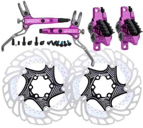 MEROCA IIIPRO E4 Hydraulische Scheibenbremse Set - 4-Kolben MTB Bremsen 641N Bremskraft TÜV Zertifiziert Leicht 475g für Mountain/E-Bike/Faltrad (Lila, Links Hinten Rechts Vorne + Scheibe)