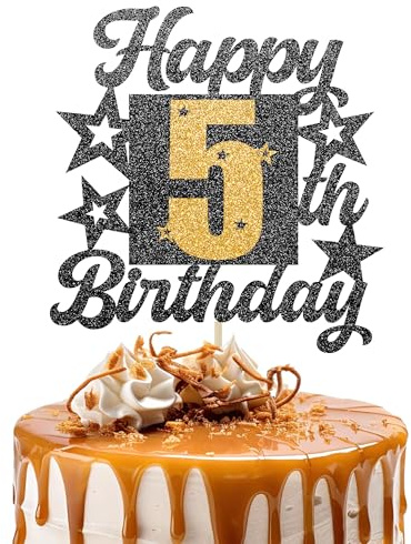 Happy 5th Birthday Cake Topper - Black and Gold Glitter Number Cake Topper - Number 5