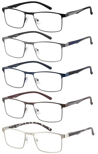 JM 5 Pack Lesebrille Herren, Rechteckig Blaulichtfilter Brille Herren, Metall Federscharniere Lesebrille mit Blaulichtfilter, 1,0 Dioptrien