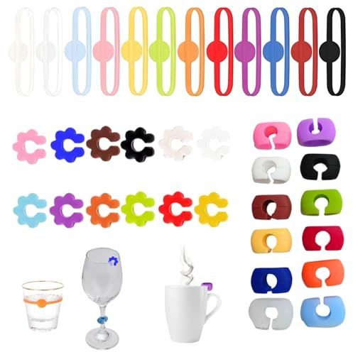 Lyivisk 36 Stück Glasmarkierer aus Silikon, Wiederverwendbare Glasmarker für Weingläser, Sektgläser und Cocktailgläser, Bunte Glas Markierung Trinkgläser für Partys, Hochzeiten und Bar Events