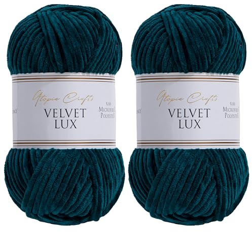 Utopia Crafts Velvet Lux Chenille Samtgarn, extra weiche dicke Wolle zum Stricken und Häkeln, 2x 100 g (Petrolgrün)