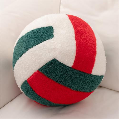 AQCQDQ Volleyball-Plüschtier Kissen, 3D Runde Kissen Plüsch Ball Dekokissen, Plüsch Volleyball Spielzeug, Kinder Kuschelkissen, Sport Themenkissen für Kinderzimmer Dekoration (Rot-Grün,20 cm)