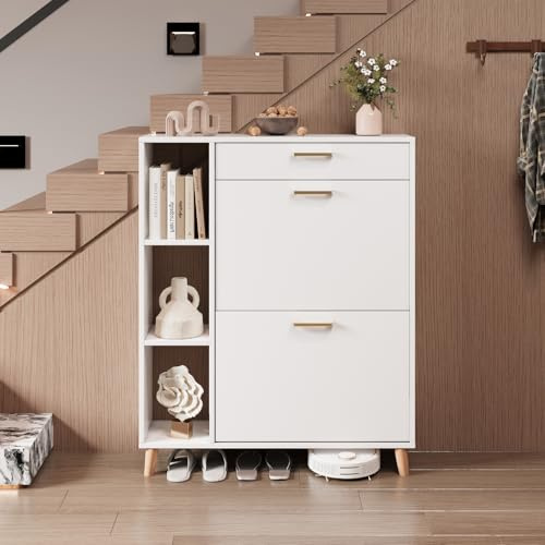 Ztexkee Zapatero 2 Puertas Estrecho Mueble Zapatero con 1 cajón y 3 Compartimentos de Almacenamiento con 4 Patas de Madera Maciza para Sala de Estar, Pasillo de Entrada, 80x24x101cm Blanco